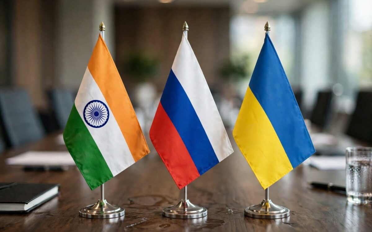 Flags of India, Russia and Ukraine on a conference table at peace talks