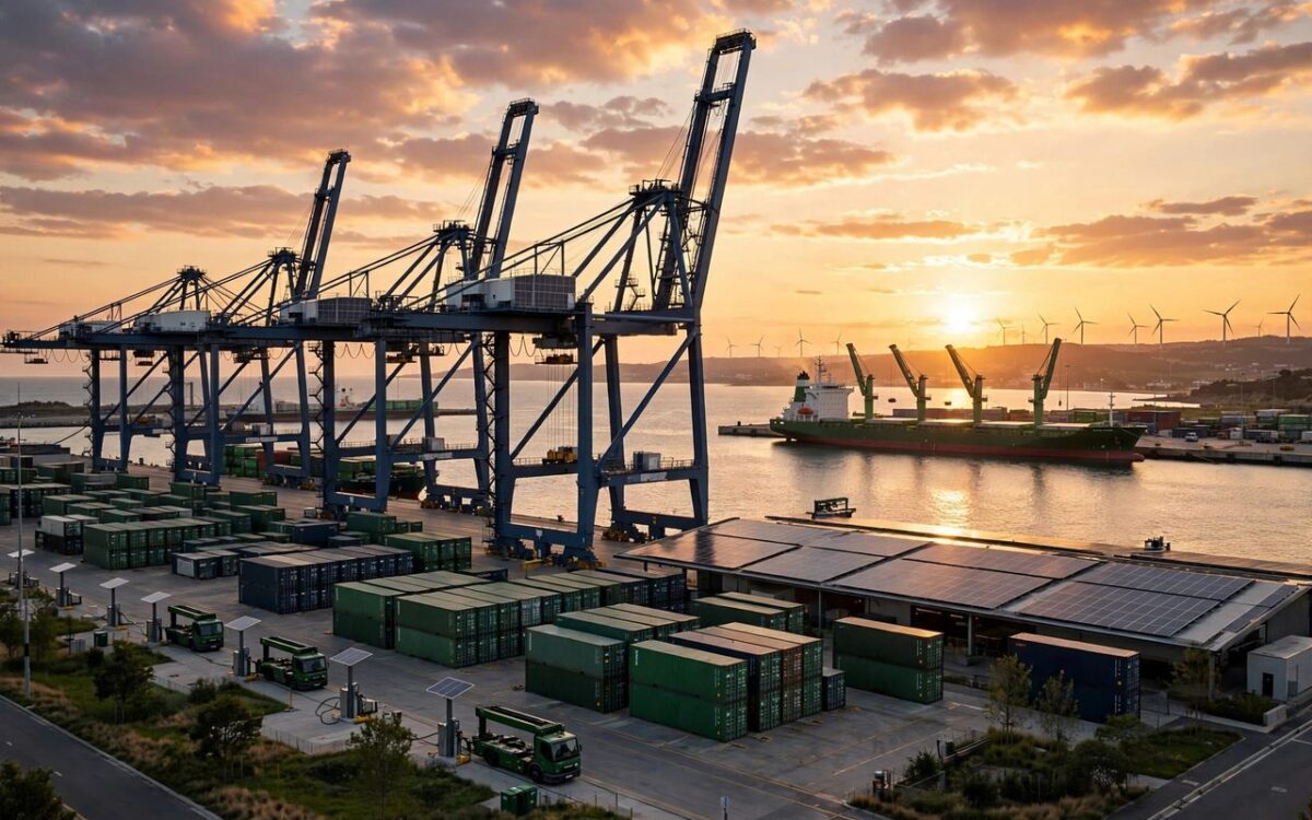 Container port at sunset