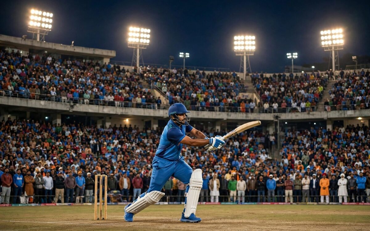 Cricket stadium under floodlights at dusk