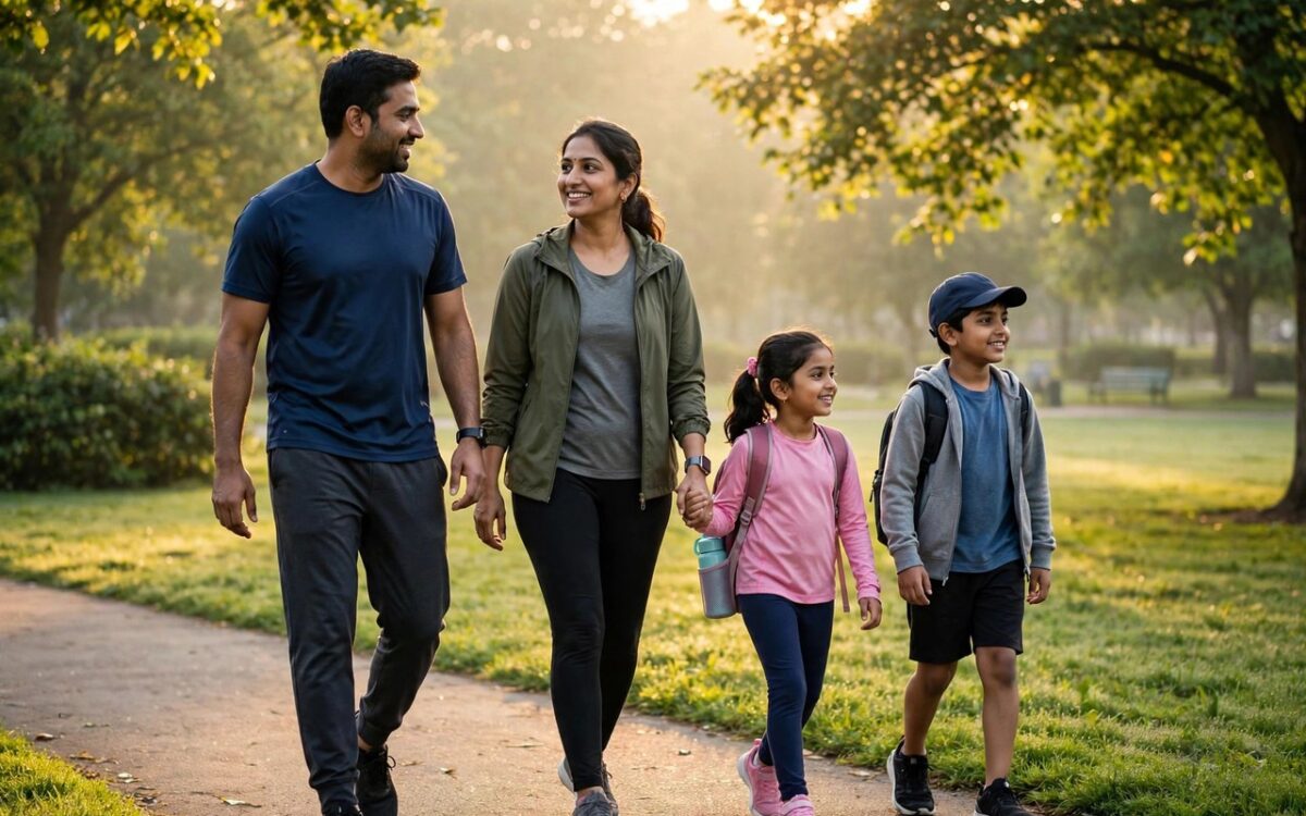 Indian family walking in a park at sunrise representing healthy life