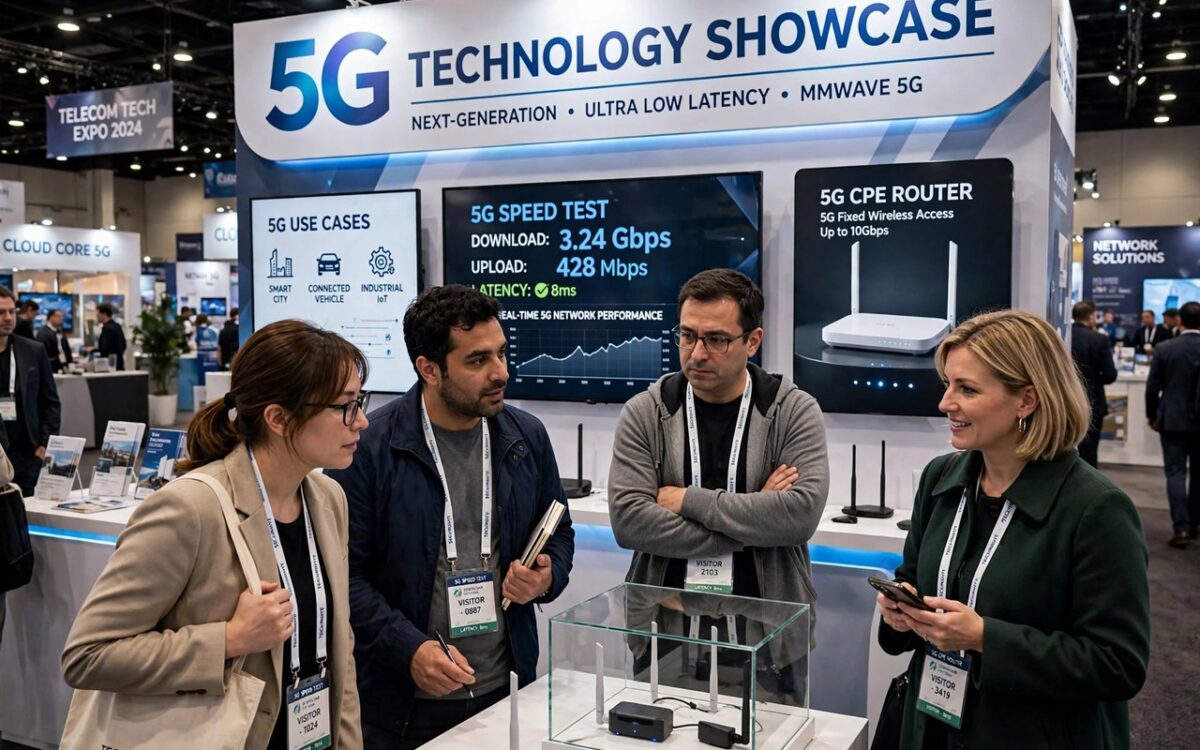 Visitors at a telecom technology exhibition with 5G displays