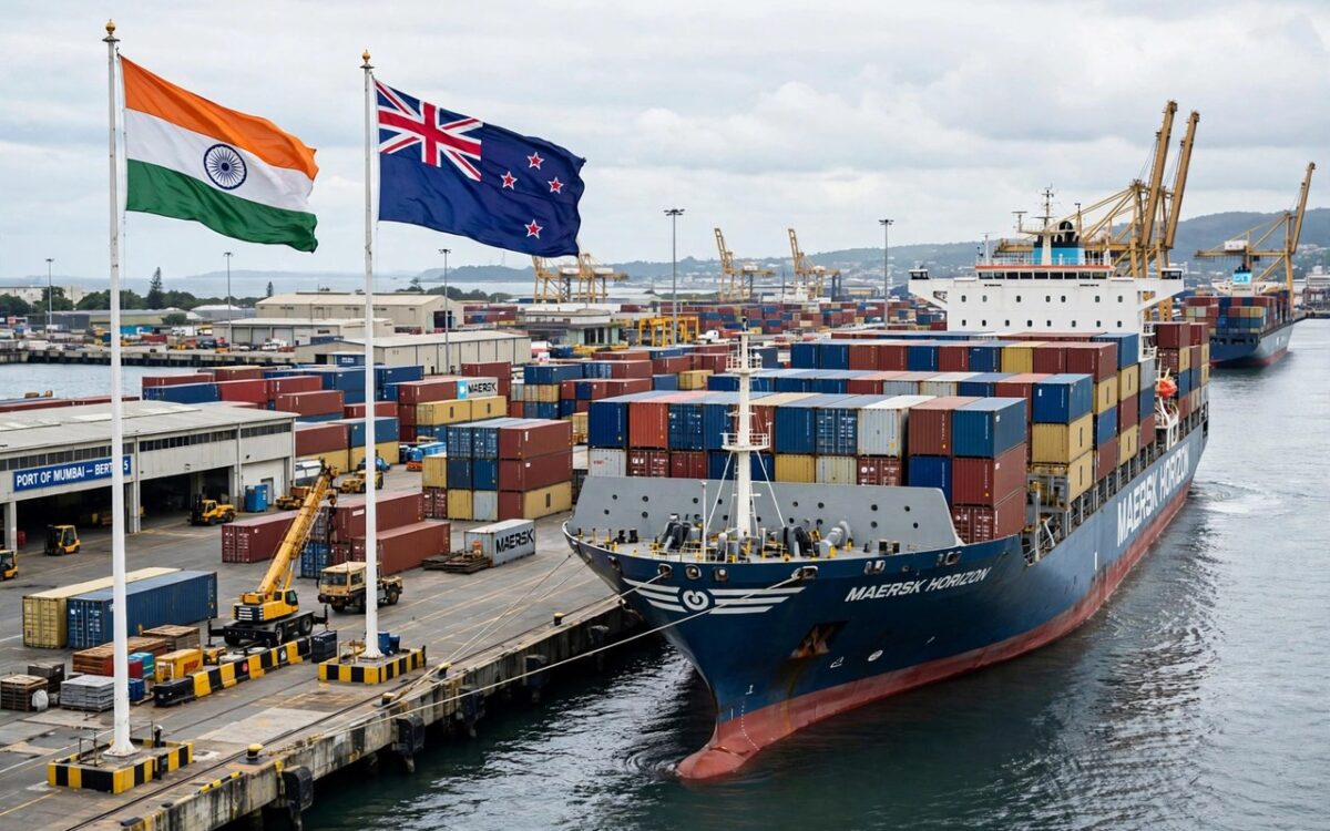 Container ship at a port with Indian and New Zealand flags