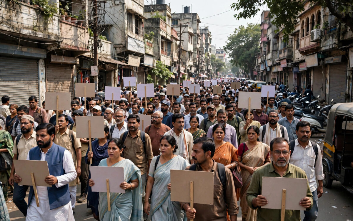 Protesters marching with placards in an Indian city
