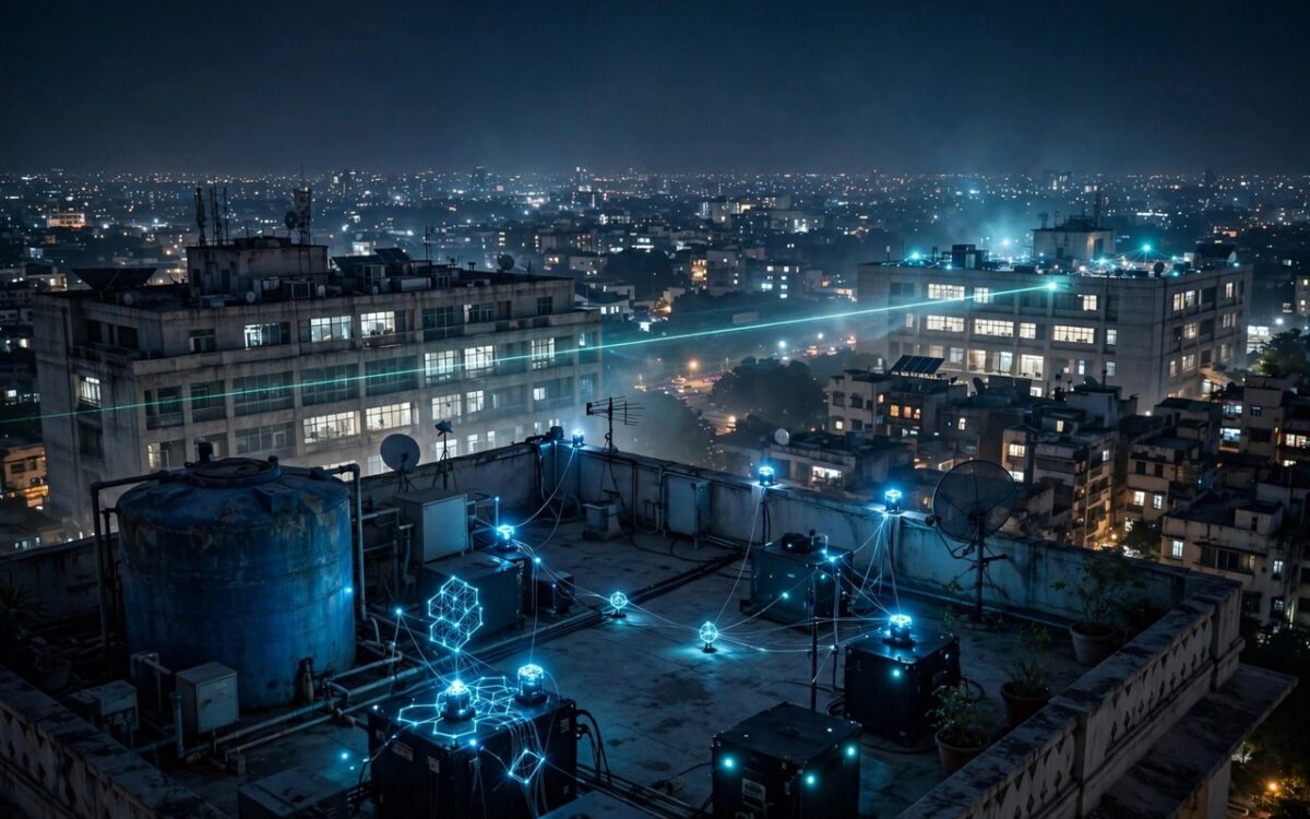 alt: Night view of two Indian research buildings linked by a laser beam representing the 5.56-km quantum communication link