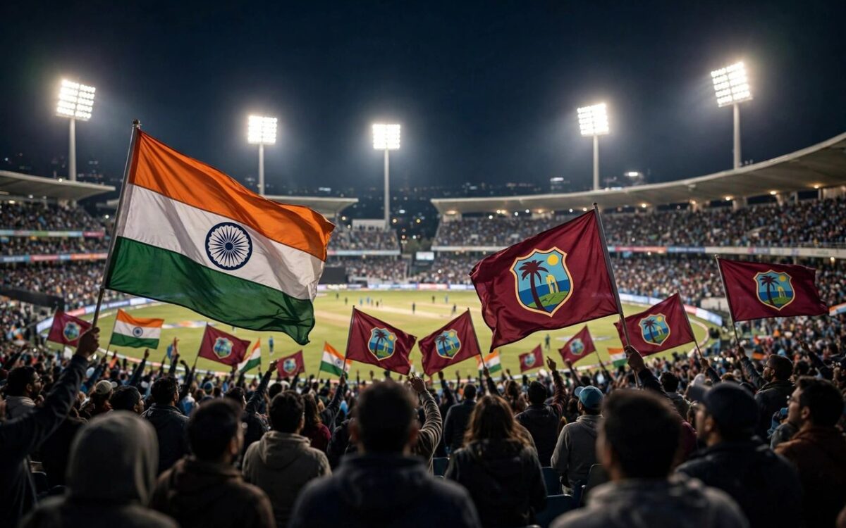 India and West Indies cricketers in action