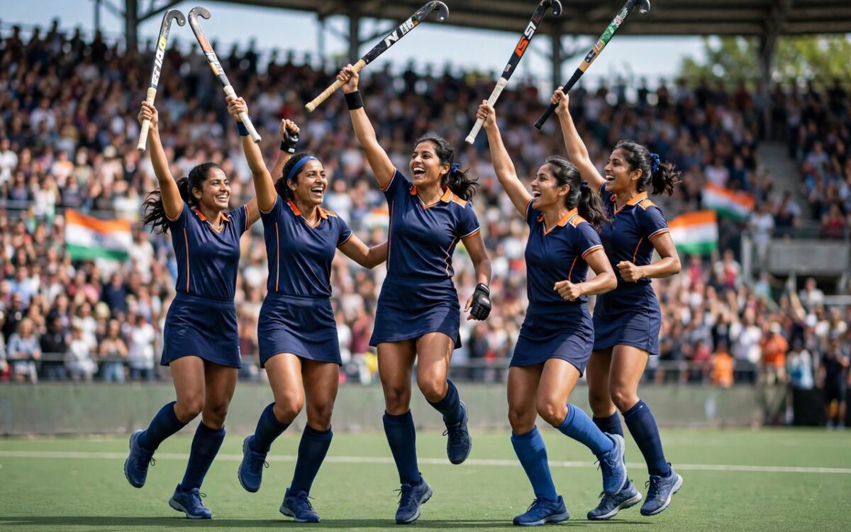 Indian women's hockey team celebrating Asian Games gold