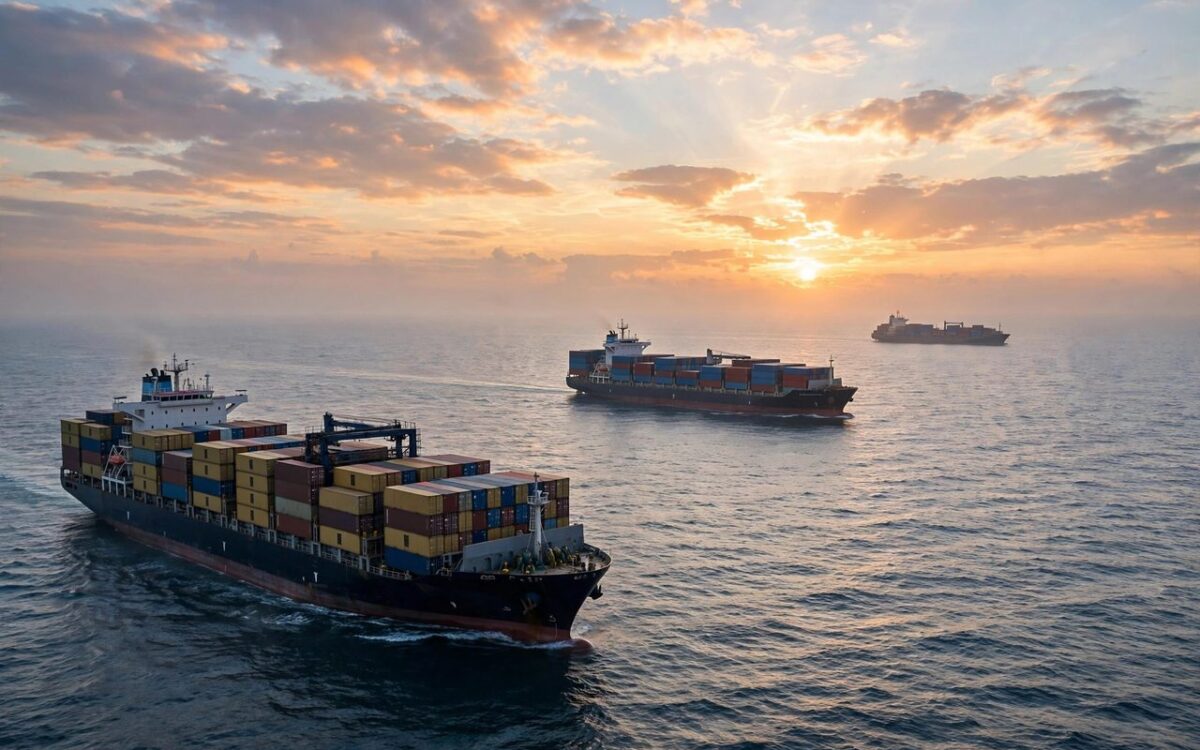 Cargo ships sailing at sunrise