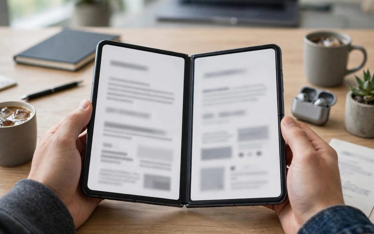 iPhone Duo unfolded showing a two-page document preview