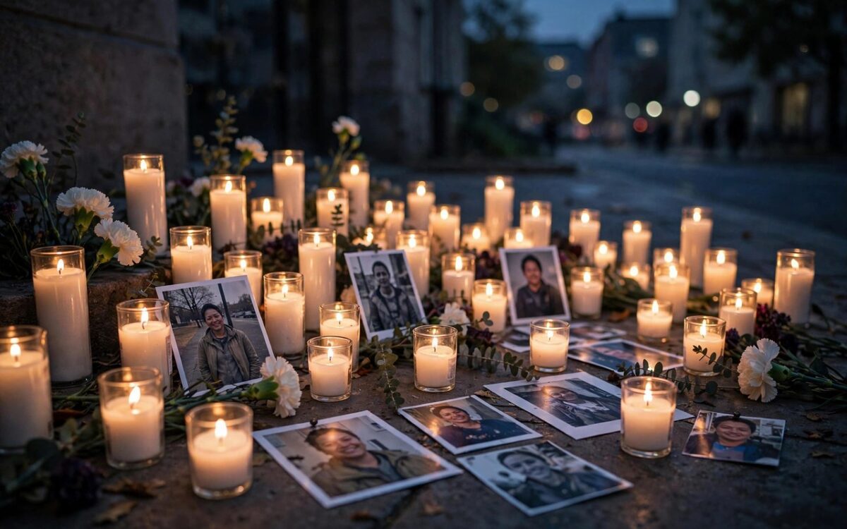 Candles and photographs at a memorial for October 7 attack victims