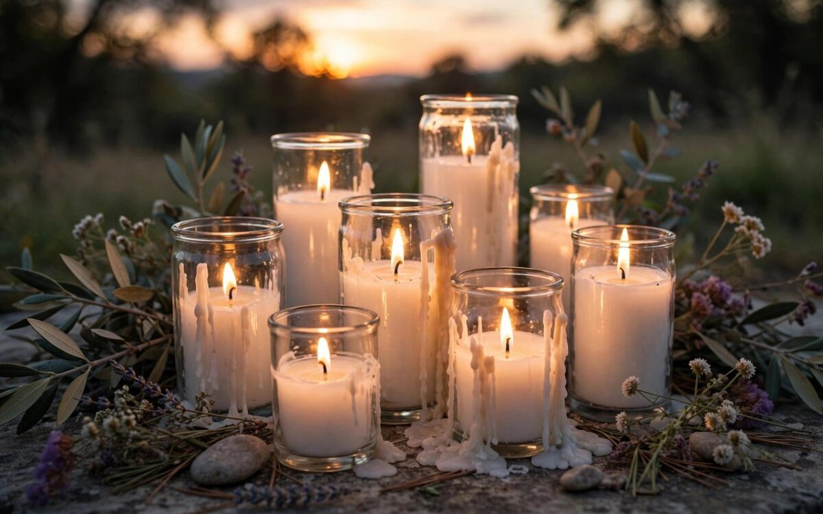 Memorial candles at sunset