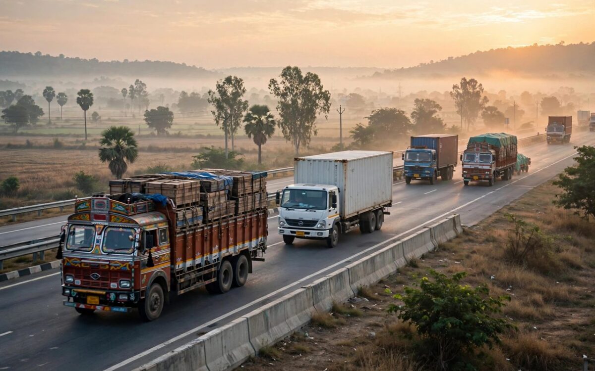 Trucks on an Indian highway at sunrise