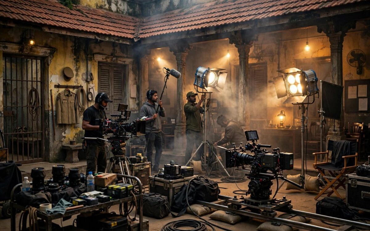 South Indian film set with dramatic lighting