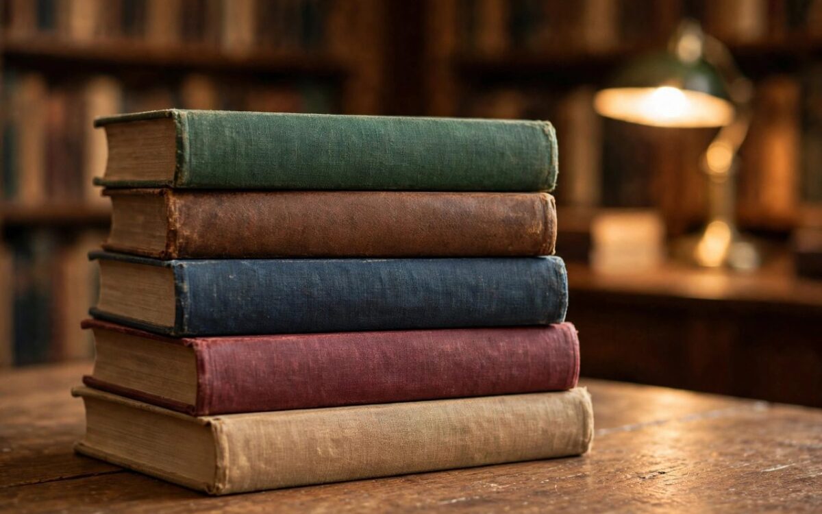 Stack of classic novels on library table