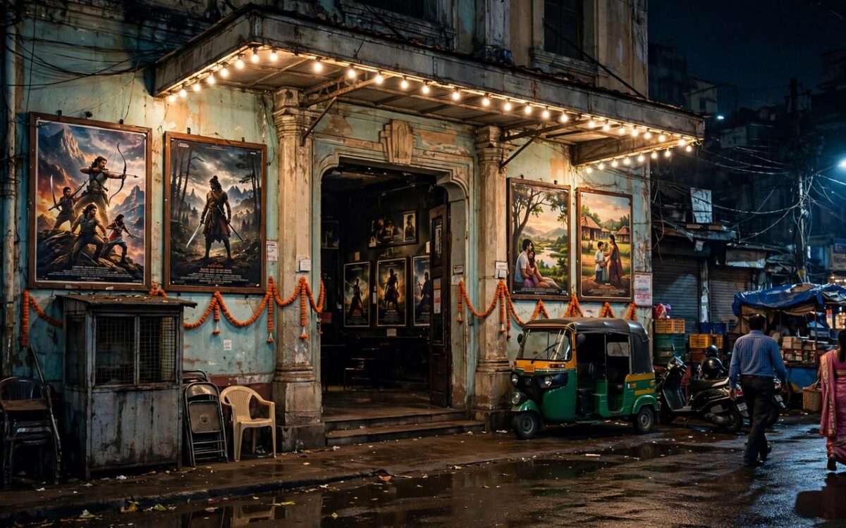 Movie theatre entrance with film posters in India