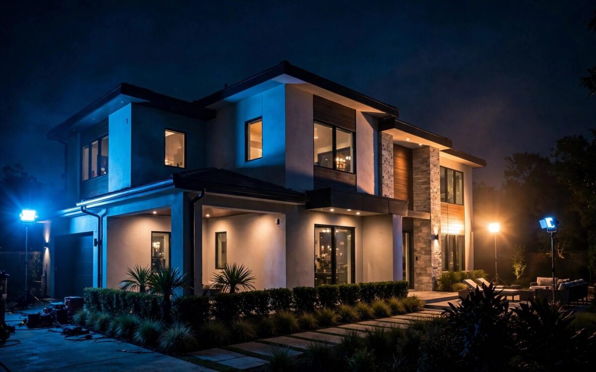 Bigg Boss house exterior at night with lights