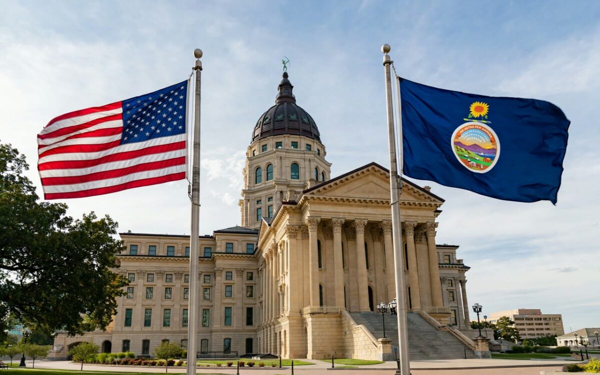 Kansas state flag flying beside the United States flag