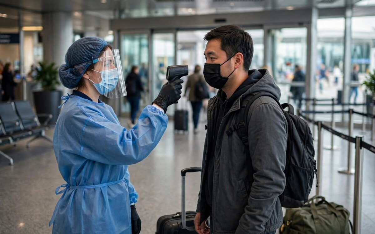 Health worker screening travellers at airport