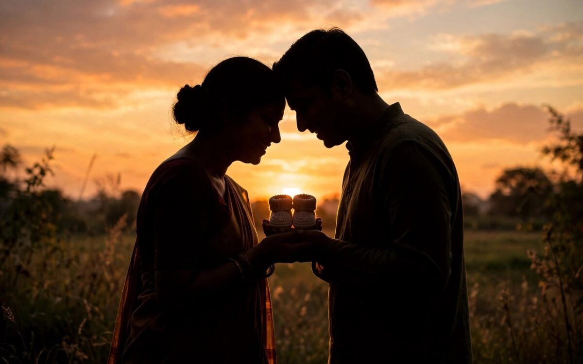 Couple holding tiny baby booties at sunset