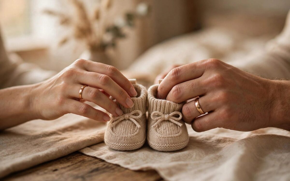 Baby shoes held by couple's hands