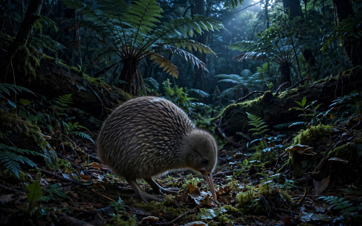 Kiwi bird foraging in New Zealand bush at night