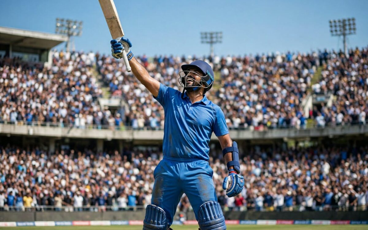 Cricket batsman raising his bat to celebrate a century at a packed stadium