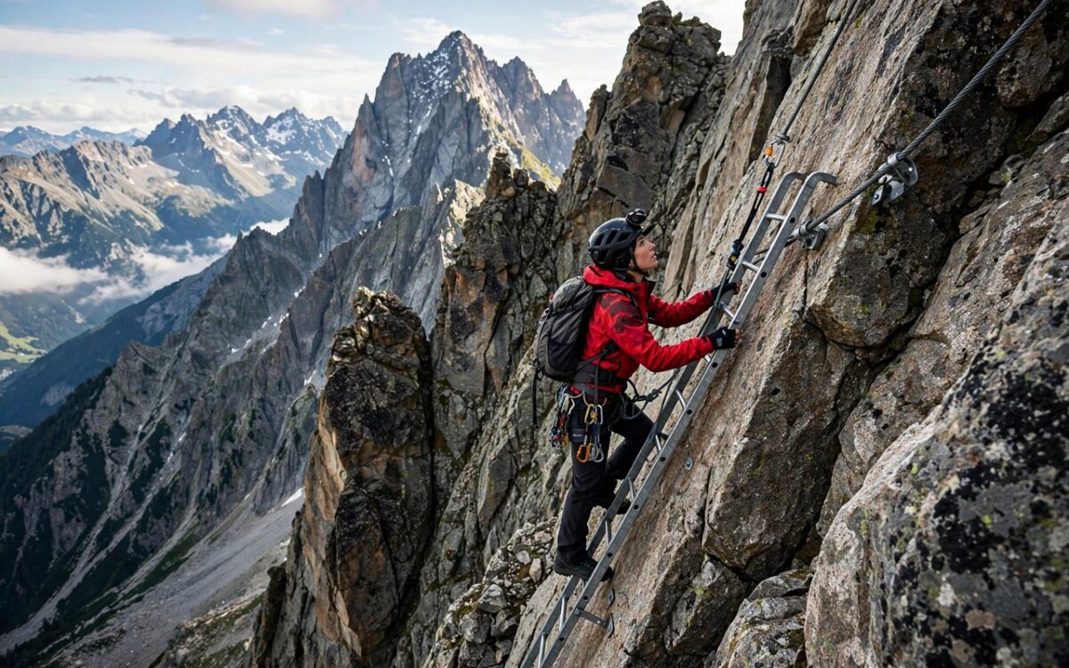 Climber on a mountain Via Ferrata route with safety cables
