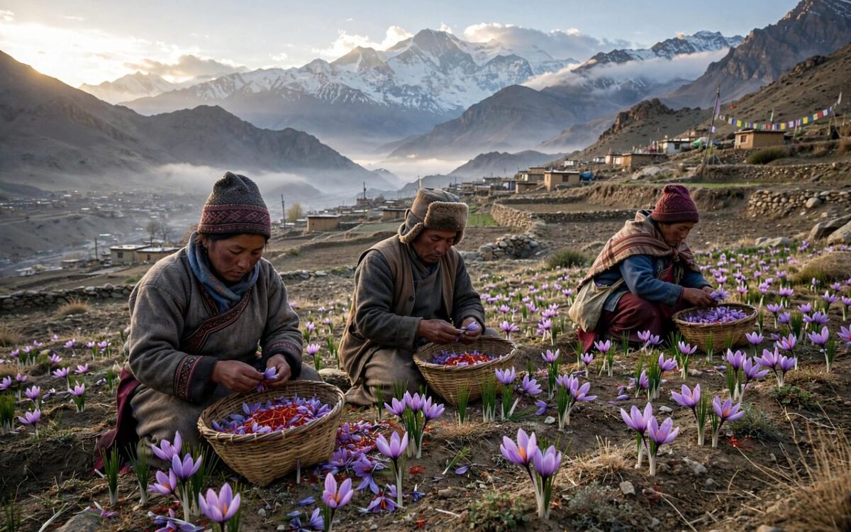 Saffron flowers in a high-altitude field in Ladakh