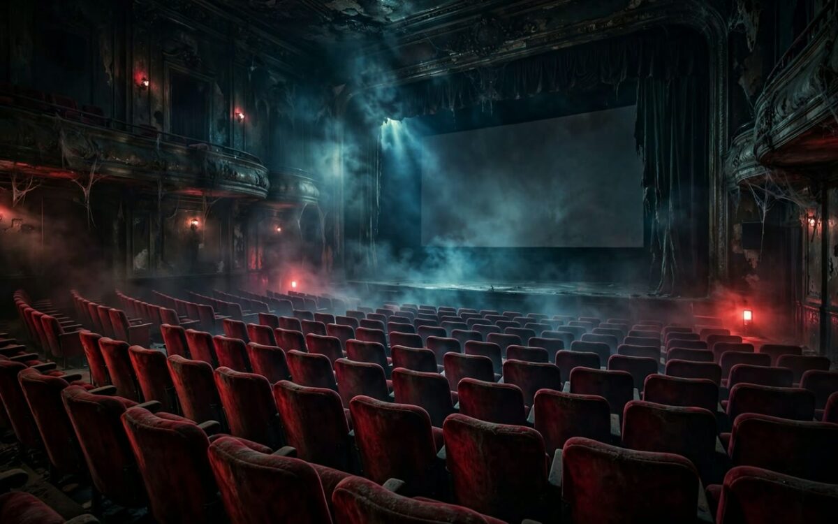 Dark horror movie theatre with empty red seats and dramatic lighting
