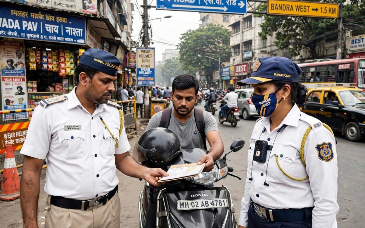 Traffic police checking vehicle documents on a Mumbai road