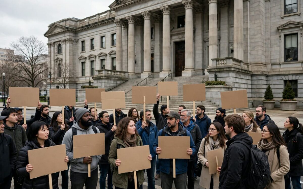 Healthcare protesters holding blank placards outside a US government building
