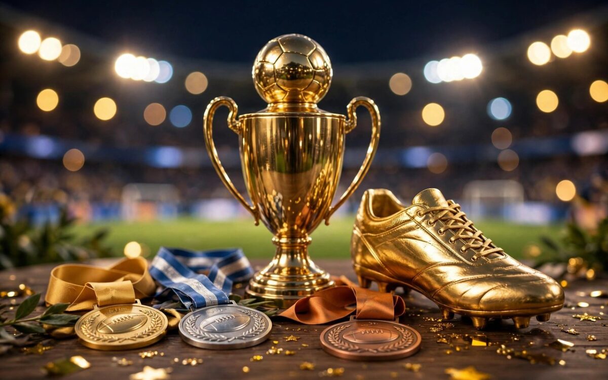 Football trophies and medals in a stadium