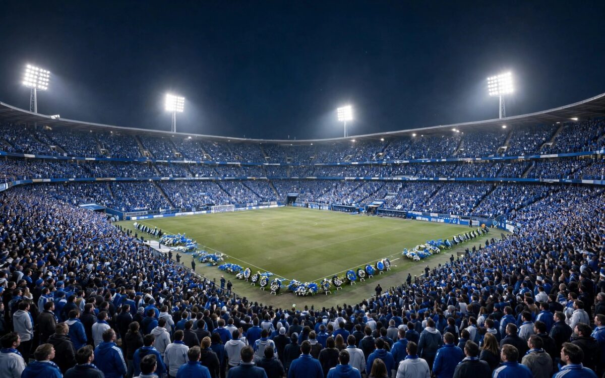 Packed football stadium at night in Argentine colours