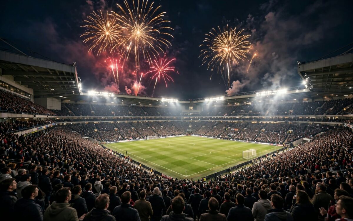 Packed football stadium at night with fireworks during a farewell match