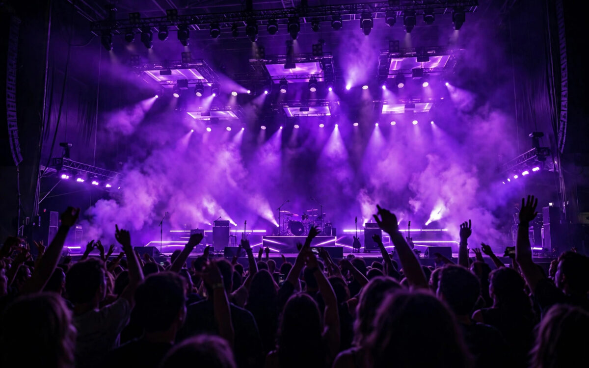 Concert stage with dramatic lighting and crowd