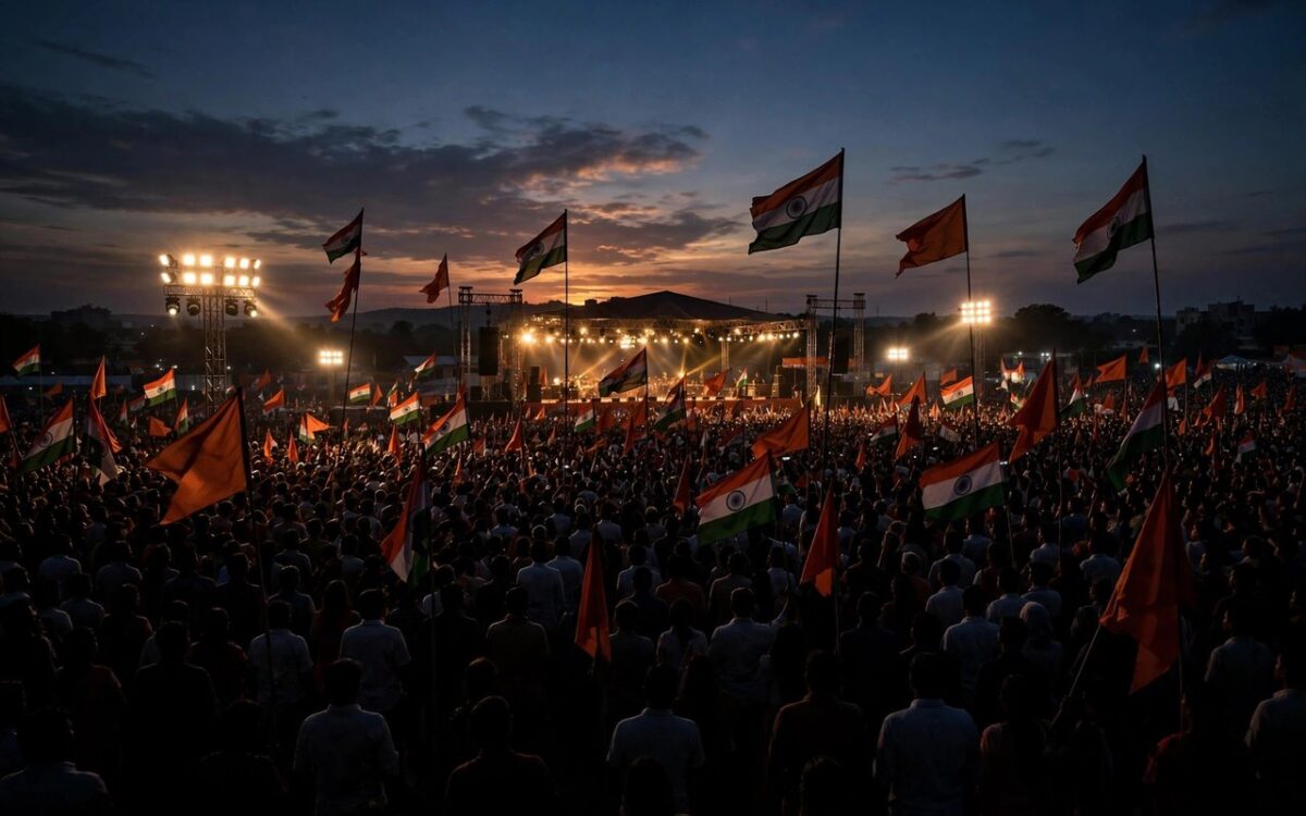 Large Indian public rally with flags at dusk