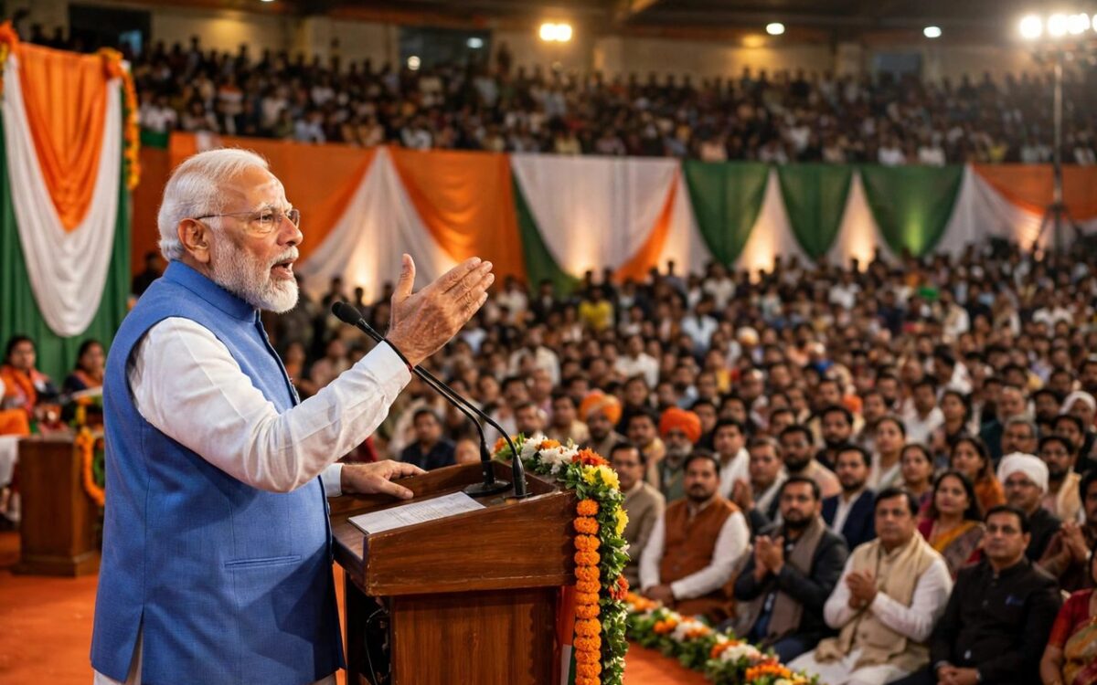 Prime Minister Narendra Modi addressing the Viksit Bharat Sankalp Sabha in New Delhi