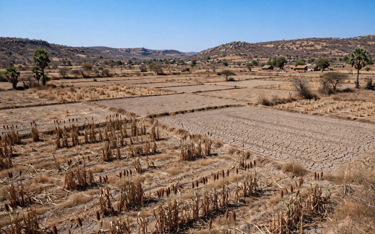 Dry fields under a clear sky in Telangana