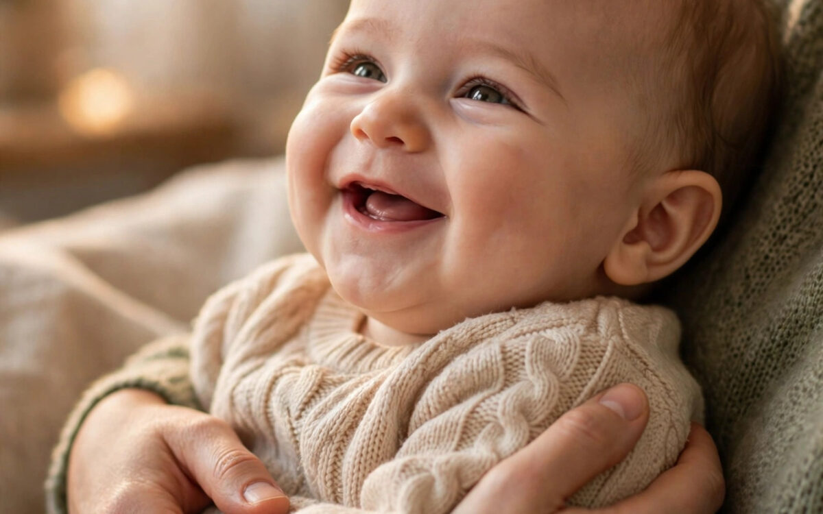 Smiling baby being held by mother in a hospital