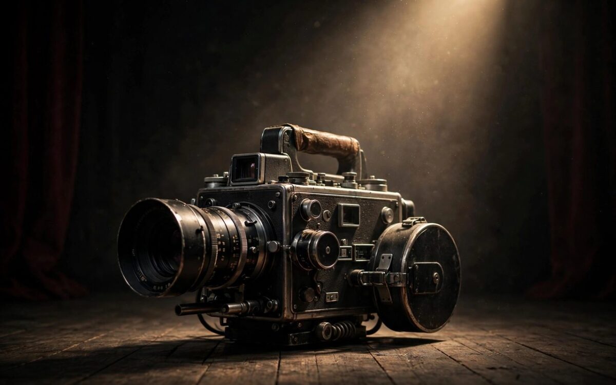 Vintage film camera under spotlight