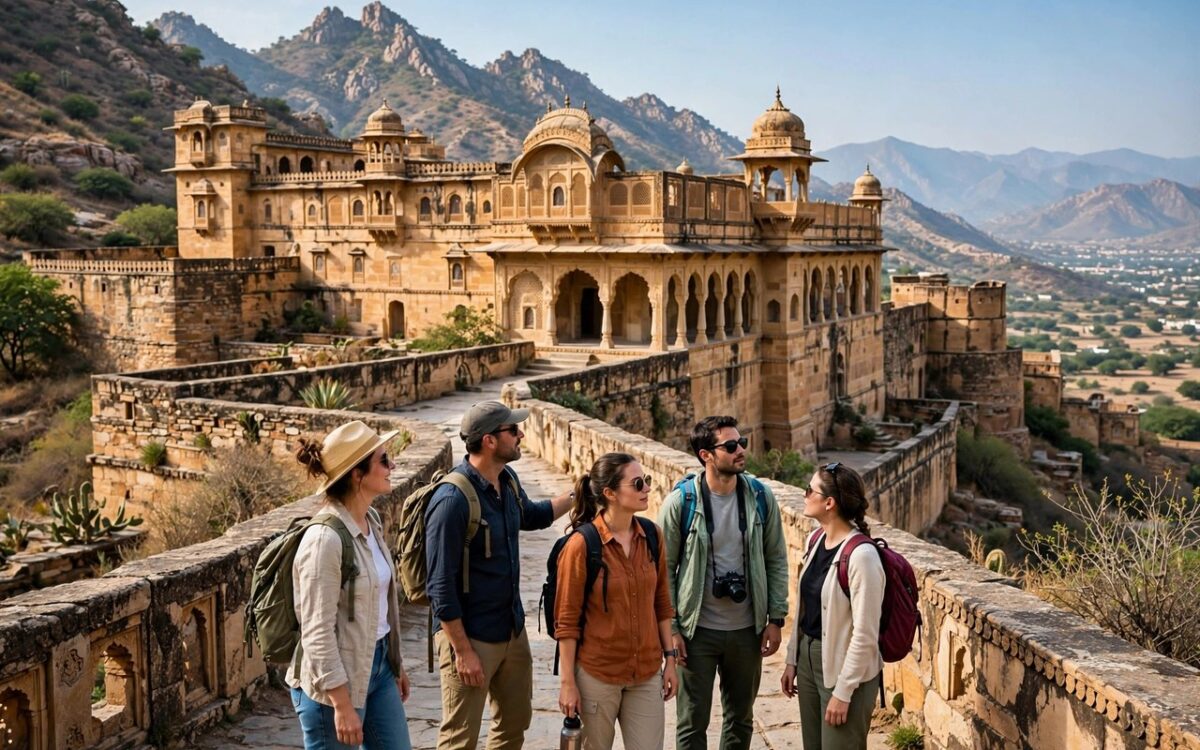 Tourists visiting a scenic Indian heritage destination