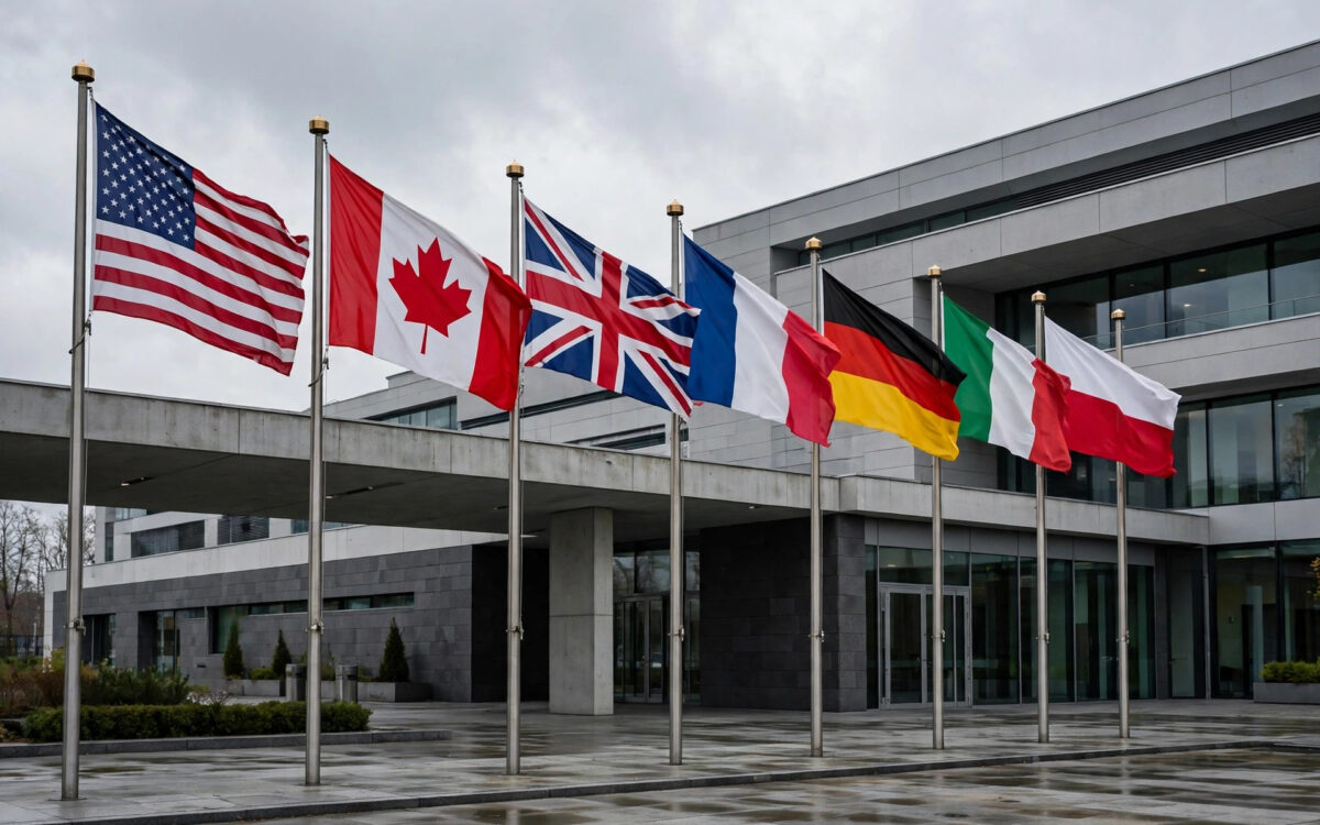 Flags of NATO member countries outside an alliance building