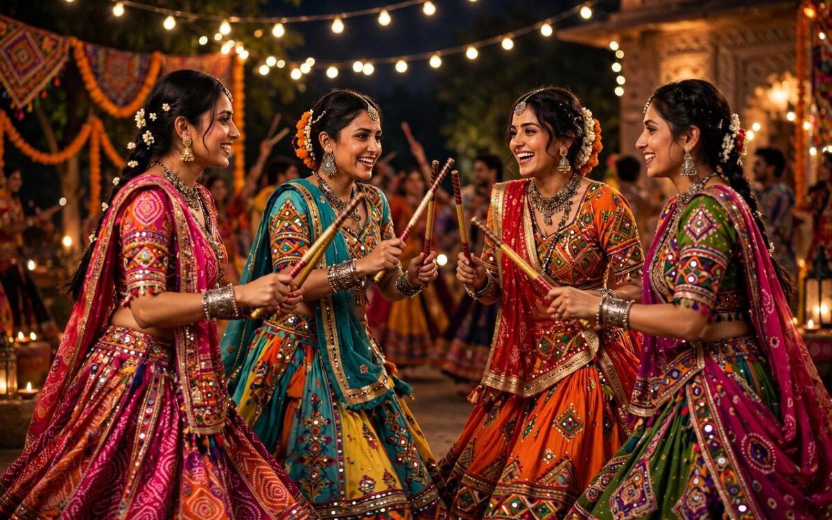 Devotees performing Navratri Garba dance with colourful traditional attire