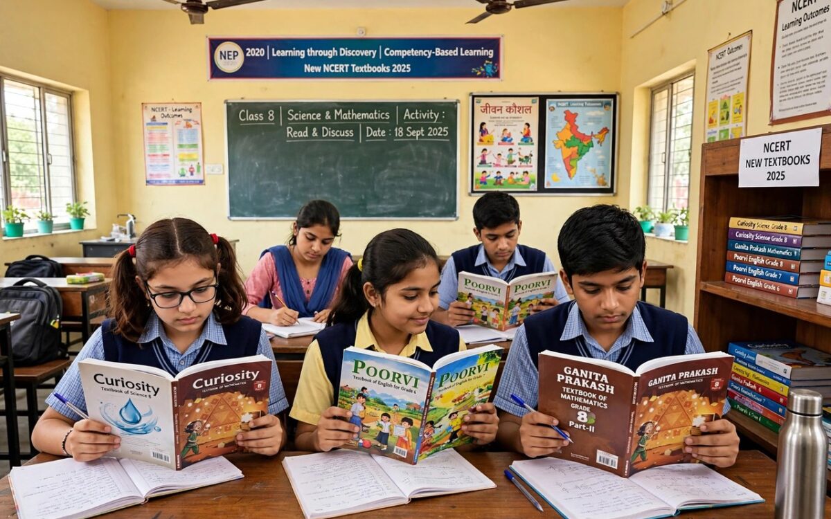 Students reading new NCERT textbooks in a classroom