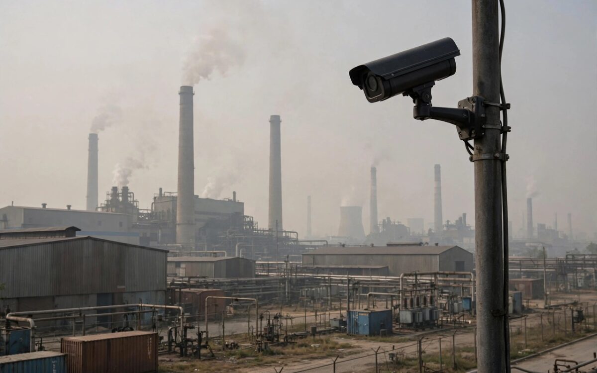 Industrial area with factory chimneys and a security camera