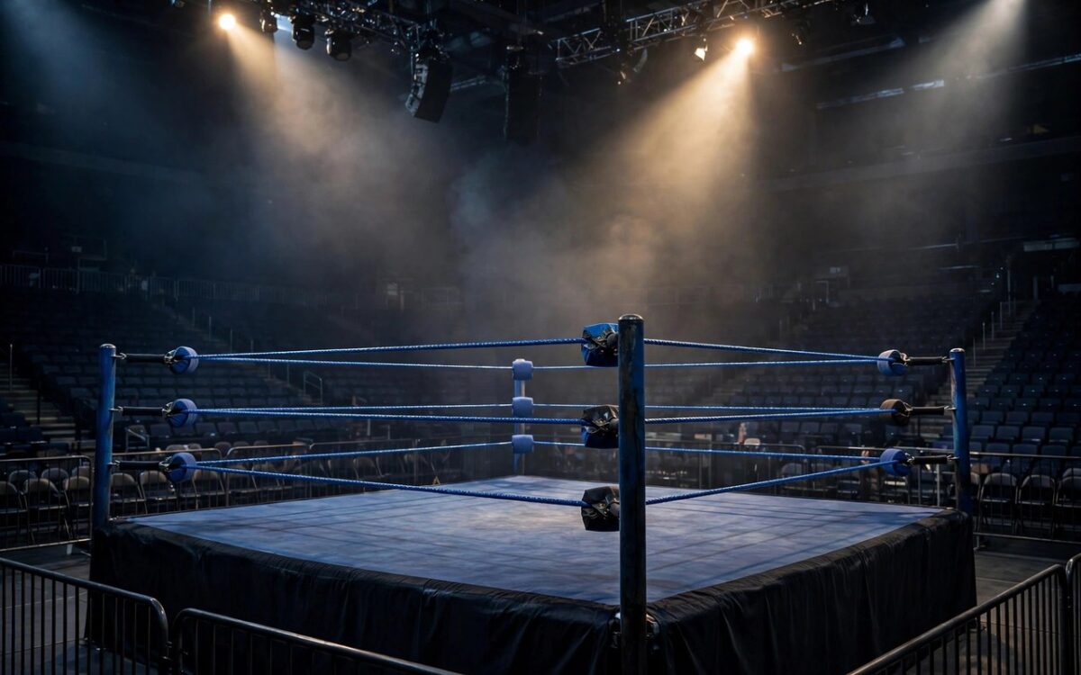 Wrestling ring with dramatic lighting before a match
