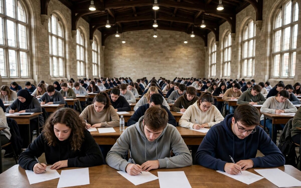 Students taking an examination in a large hall