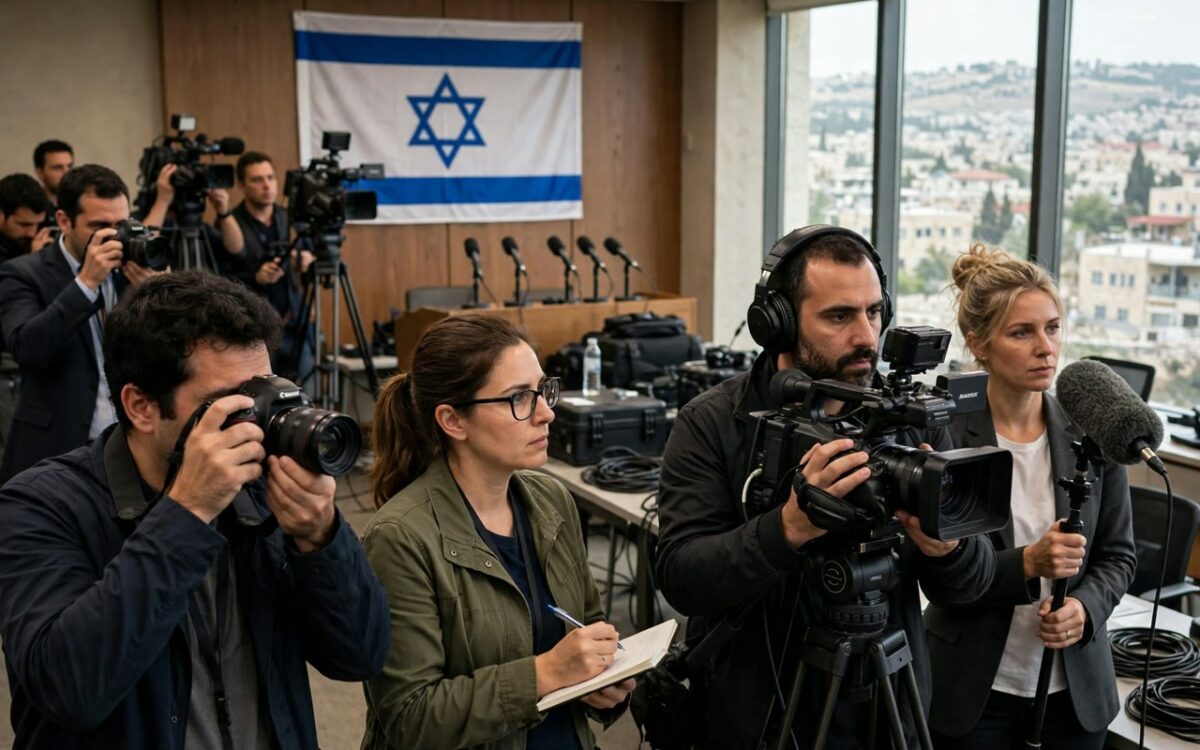 Journalists and cameras at a government press conference in Jerusalem, Israeli flag visible