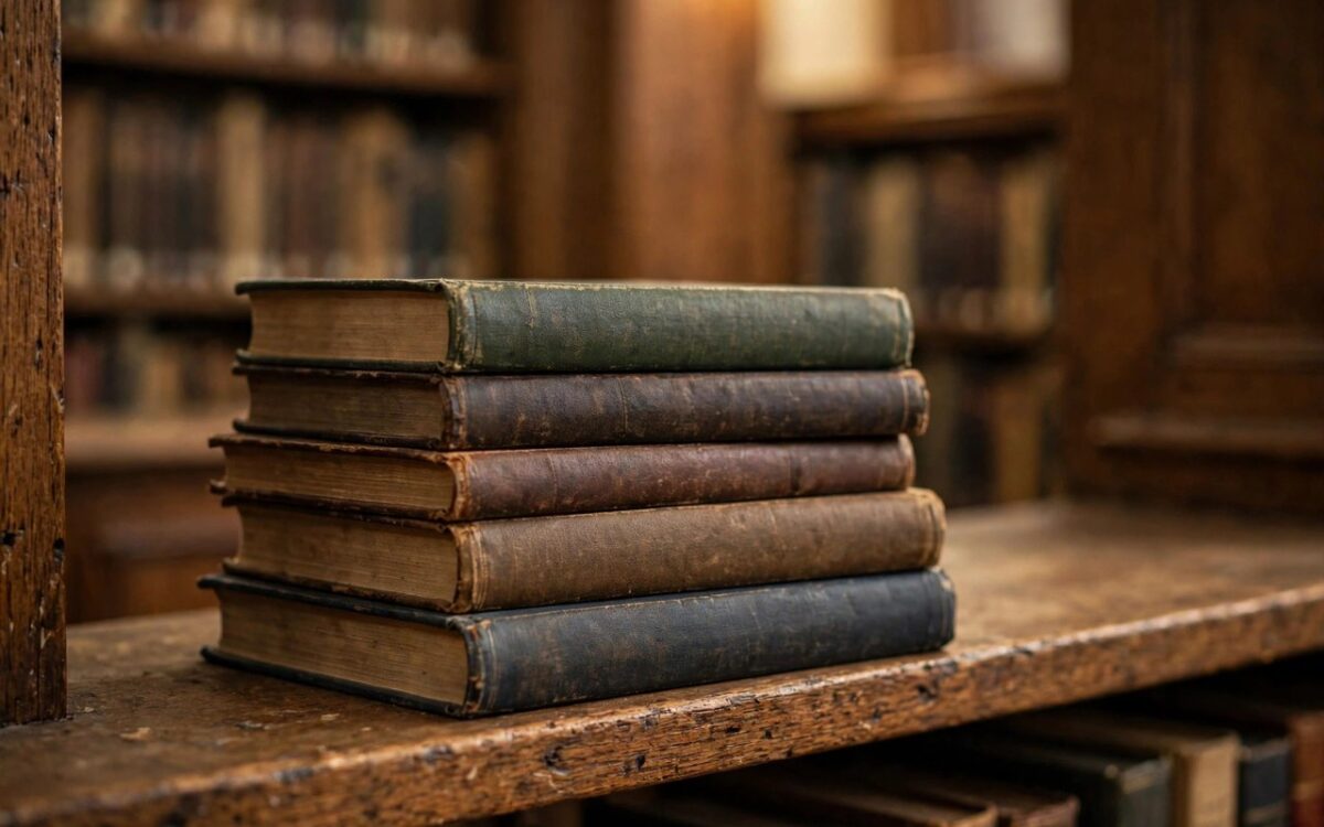 Stack of classic literature books on a shelf