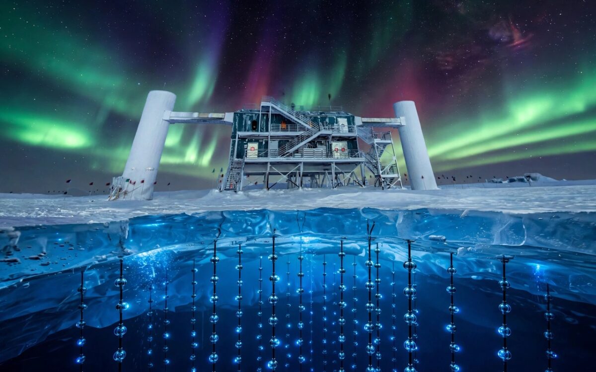 Illustration of the IceCube Neutrino Observatory under Antarctic ice