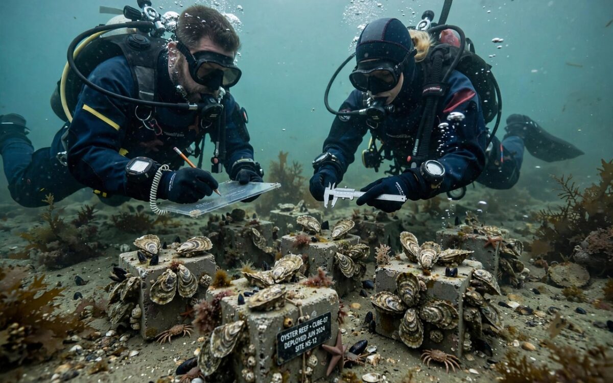 Divers surveying oyster reef cubes underwater in the North Sea